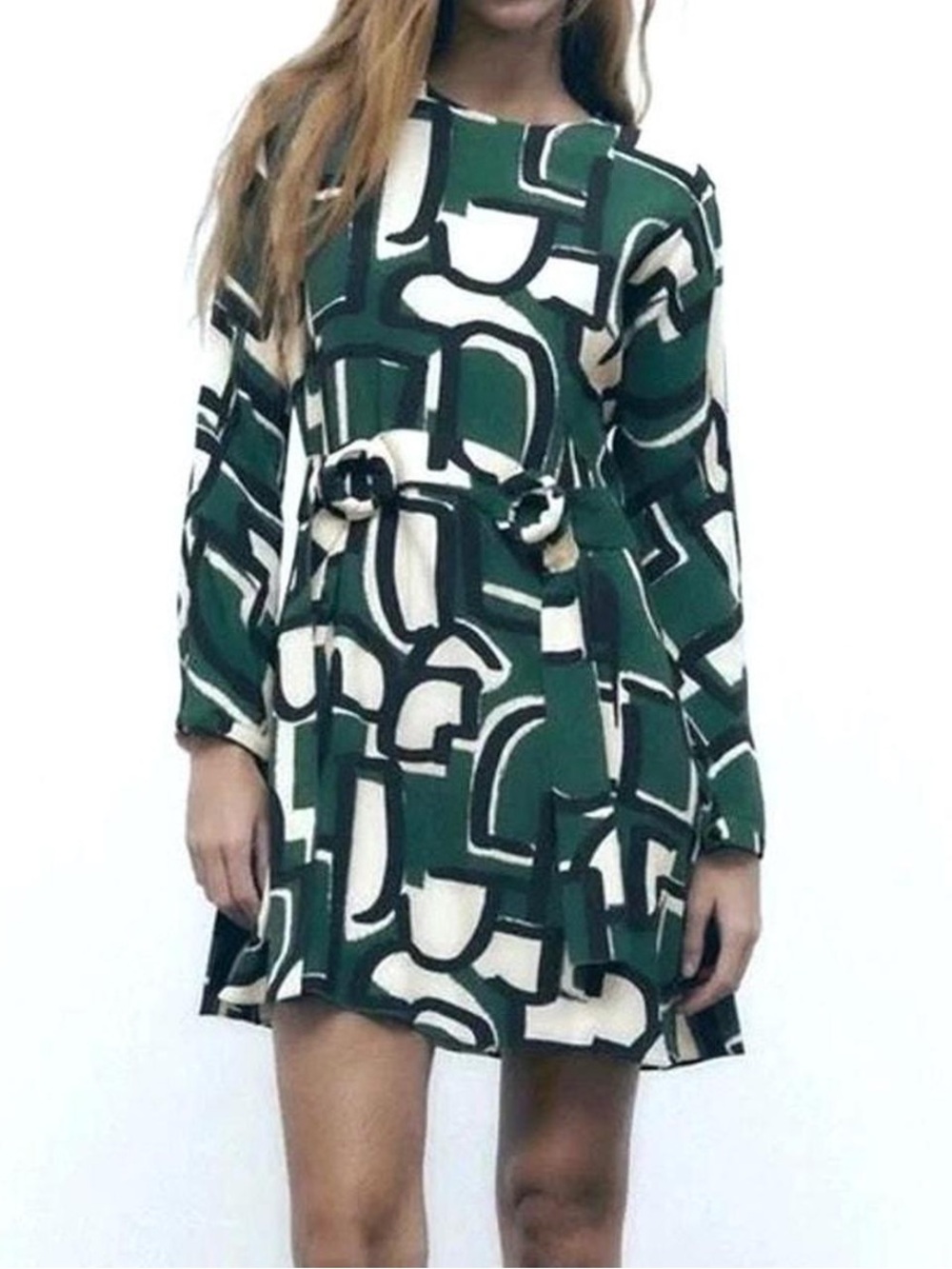 ZARA Women’s Size S Green Abstract Print Frida Crepe Belted Tie Front Mini Dress